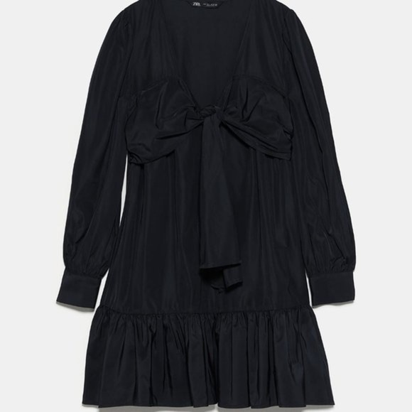 Zara Dress Women's Size Small Oversized Black Long Sleeve Mini Bow Tiered Ruffle - Picture 8 of 13